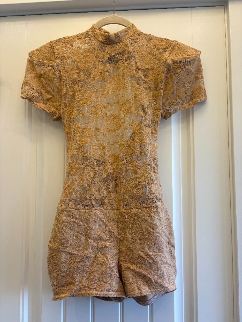 Kelle Beige Lace Sheer Biketard - Dance Costume